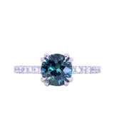 1.50ct Round Untreated Teal Blue Sapphire Double Prong Solitaire with French Set Diamonds in Platinum