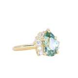 2.35ct Teal Blue Grey Untreated Pear Montana Sapphire and Diamond Asymmetrical Cluster Ring in 18k Yellow Gold
