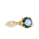 2.37ct Untreated Round Green Madagascar Sapphire Twisted Vine Split Shank Solitaire in 14k Yellow Gold with Diamonds