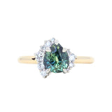 1.79ct Pear Deep Teal Green-Blue Sapphire and Diamond Asymmetrical Cluster Ring in Two Tone 14k Yellow and 14k White Gold