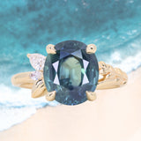 4.42ct Oval Blue Madagascar Sapphire in Wandering Vine Low Profile 4 Prong Setting with Diamonds in 14k Yellow Gold
