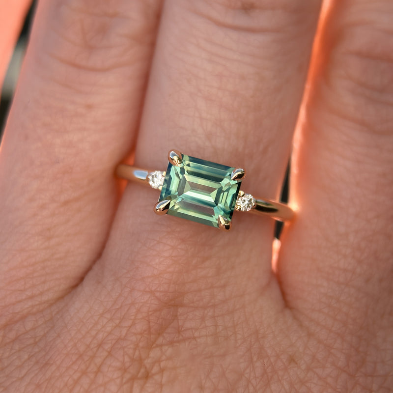 1.85ct Emerald Cut Teal Sapphire and Diamond Low Profile East-West Ring in 14k Yellow Gold