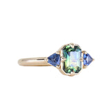 1.24ct Untreated Emerald Cut Parti Madagascar Sapphire and Trillion Sapphire Compass Set Low Profile Ring in 14k Yellow Gold