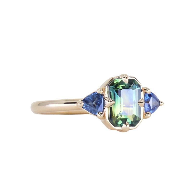 1.24ct Untreated Emerald Cut Parti Madagascar Sapphire and Trillion Sapphire Compass Set Low Profile Ring in 14k Yellow Gold