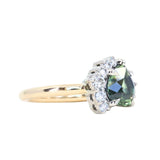 1.79ct Pear Deep Teal Green-Blue Sapphire and Diamond Asymmetrical Cluster Ring in Two Tone 14k Yellow and 14k White Gold
