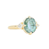 3.05ct Untreated Fantasy Cut Green Sapphire and Diamond Three Stone Antique Compass Style Low Profile Ring in 18k Yellow Gold