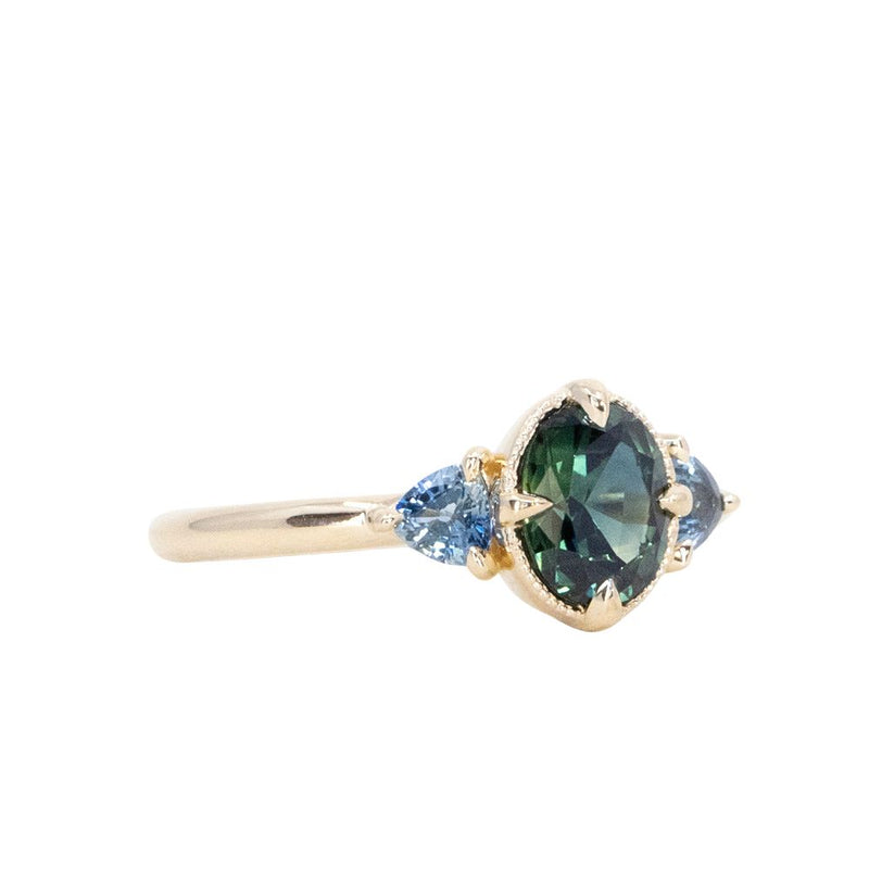 1.29ct Oval Deep Teal Green Australian Sapphire and Trillion Sapphire Antique Low Profile Ring in 14k Yellow Gold