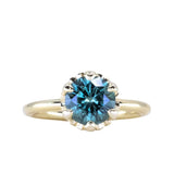 2.25ct Precision Cut Round Teal Green Montana Sapphire Scallop Cup Solitaire in 18k Yellow gold with hidden Diamonds