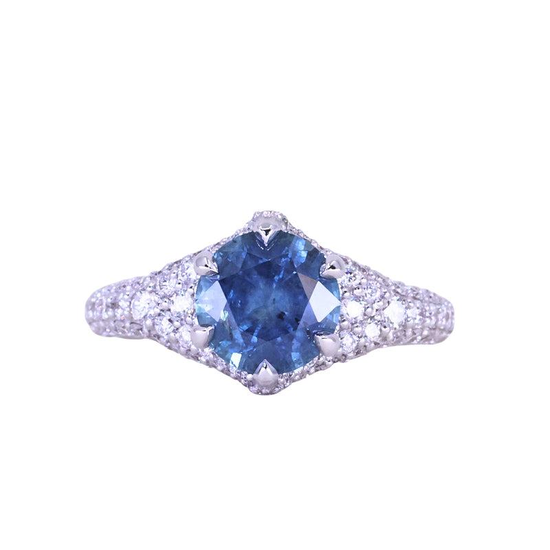 2.12ct Blue Montana Sapphire Diamond-Studded Tapered Solitaire in 14k White Gold