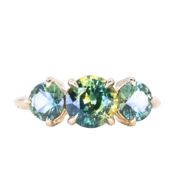 1.70ct Center Untreated Parti Sapphire and Round Parti Sapphire Three Stone Ring in 18k Yellow Gold