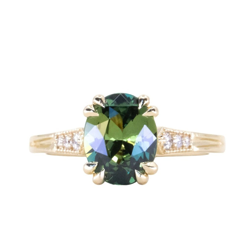 2.30ct Oval Green Madagascar Sapphire and Diamond Vintage Cathedral Four Prong Ring in 14k Yellow Gold