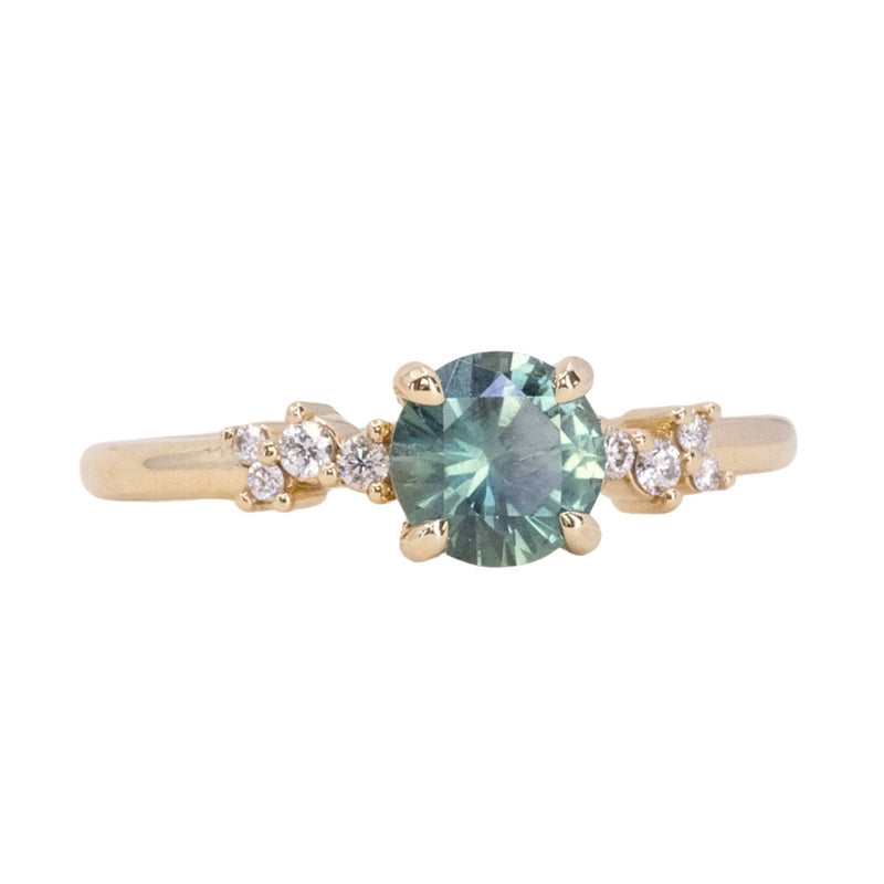 0.98ct Round Teal Blue Untreated Montana Sapphire and Diamond Starry Night Low Profile Solitaire in 14k Yellow Gold