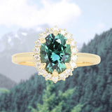 2.32ct Oval Teal Songean Sapphire Antique-Style Diamond Halo Ring in 18k Yellow Gold
