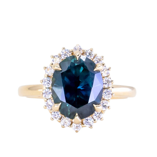 4.14ct Untreated Oval Nigerian Sapphire Antique-Style Diamond Halo Ring in 18k Yellow Gold