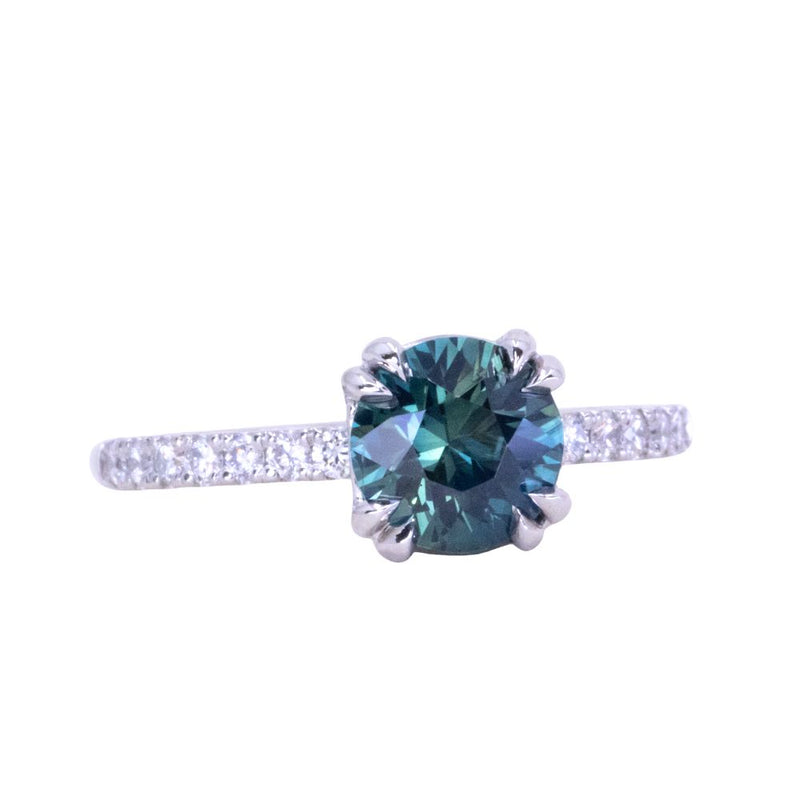 1.50ct Round Untreated Teal Blue Sapphire Double Prong Solitaire with French Set Diamonds in Platinum