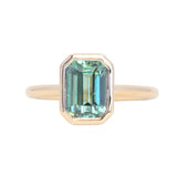 2.62ct Teal Green Emerald Cut Sapphire Low Profile Bezel Ring in 14k Yellow Gold