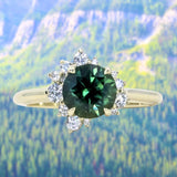 1.82ct Round Untreated Australian Green Sapphire and Diamond Asymmetrical Cluster Ring in 14k Green Gold