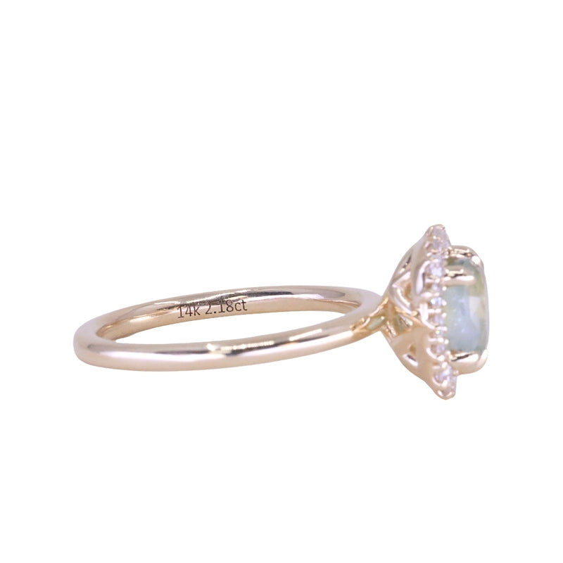 2.18ct"Old Mine Cushion" cut Silky Light Green Montana Sapphire Antique-Style Diamond Halo Ring in 14k Yellow Gold