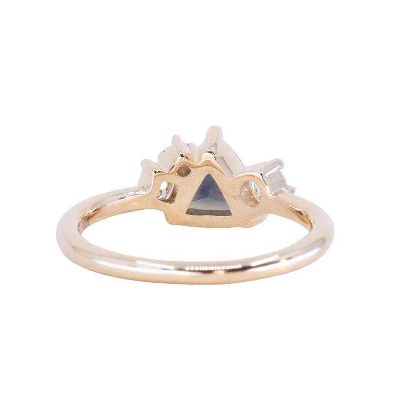 1.04ct Untreated Color Shifting Songean Trillion Sapphire and Antique Diamond Mountainscape Ring in 14k Yellow Gold