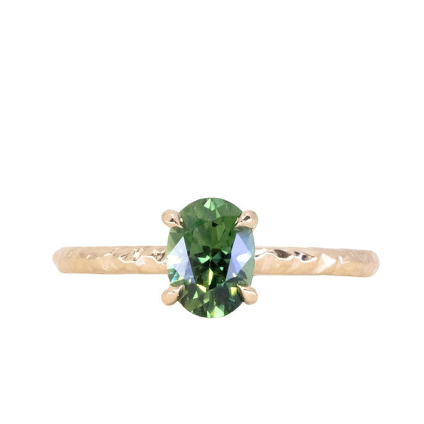 1.14ct Oval Blue Green Teal Madagascar Sapphire Evergreen Carved 4 Prong Solitaire in 14k Yellow Gold