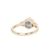 1.50ct Untreated Fantasy Cut Tanzanian Sapphire and Diamond Milgrain Three Stone Low Profile Ring in 14k Yellow Gold