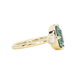 3.05ct Untreated Fantasy Cut Green Sapphire and Diamond Three Stone Antique Compass Style Low Profile Ring in 18k Yellow Gold