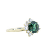 1.82ct Round Untreated Australian Green Sapphire and Diamond Asymmetrical Cluster Ring in 14k Green Gold