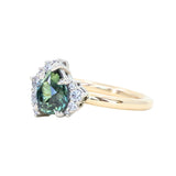 1.79ct Pear Deep Teal Green-Blue Sapphire and Diamond Asymmetrical Cluster Ring in Two Tone 14k Yellow and 14k White Gold