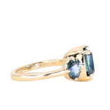 3.22ct Elongated Cushion Cut Montana Sapphire Three Stone Ring in 18k Yellow Gold