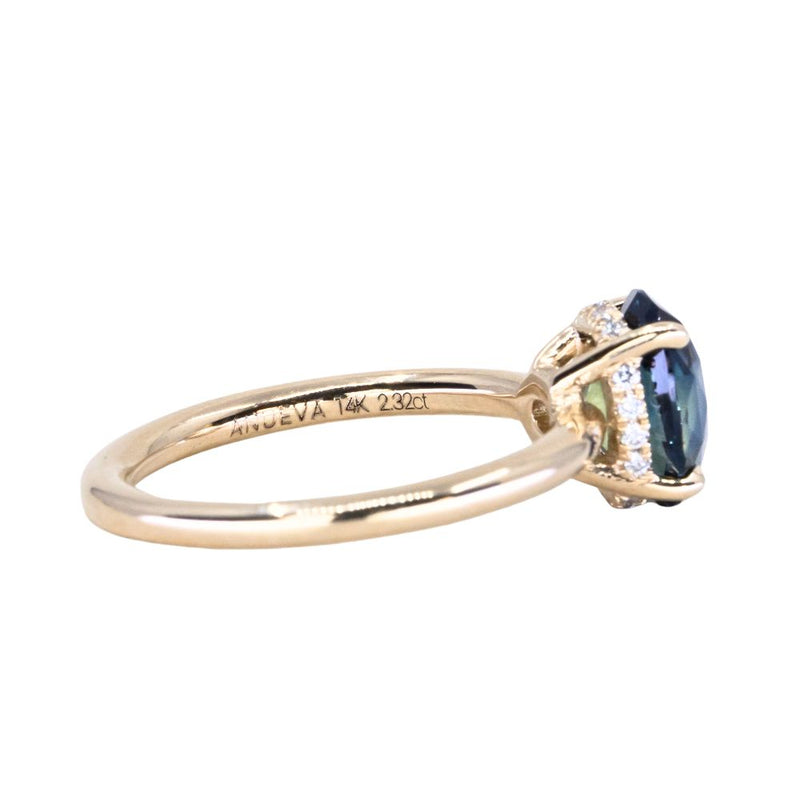 2.32ct Teal Oval Madagascar Sapphire Low Profile Hidden Halo Solitaire in 14k Yellow Gold