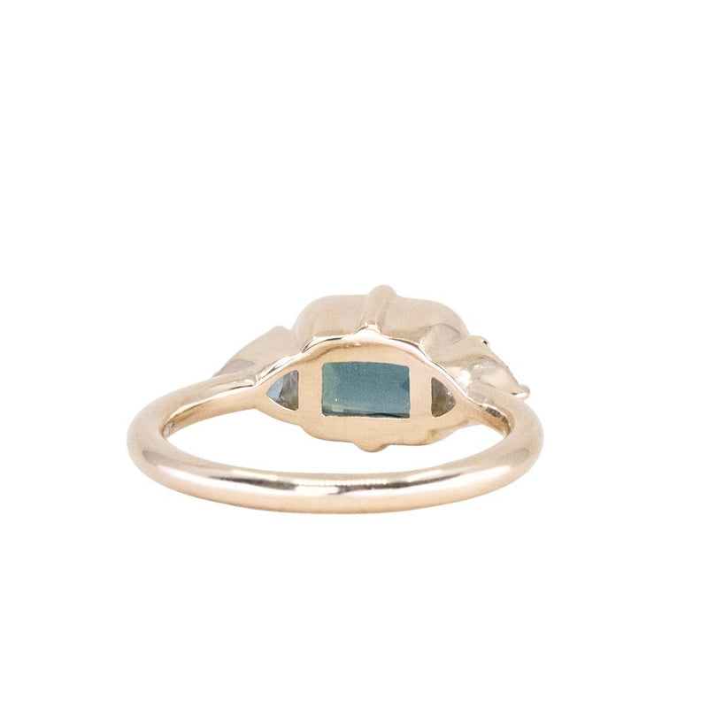 2.53ct Untreated Glowy Teal Cushion Cut Sapphire and Trillion Sapphire Antique Compass East-West Set Low Profile Ring in 14k Yellow Gold