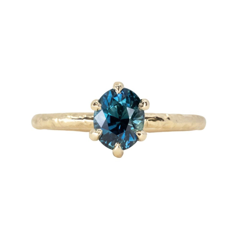 1.73ct Untreated Oval Blue Madagascar Sapphire Lotus Solitaire in 14k Yellow Gold with Evergreen texture