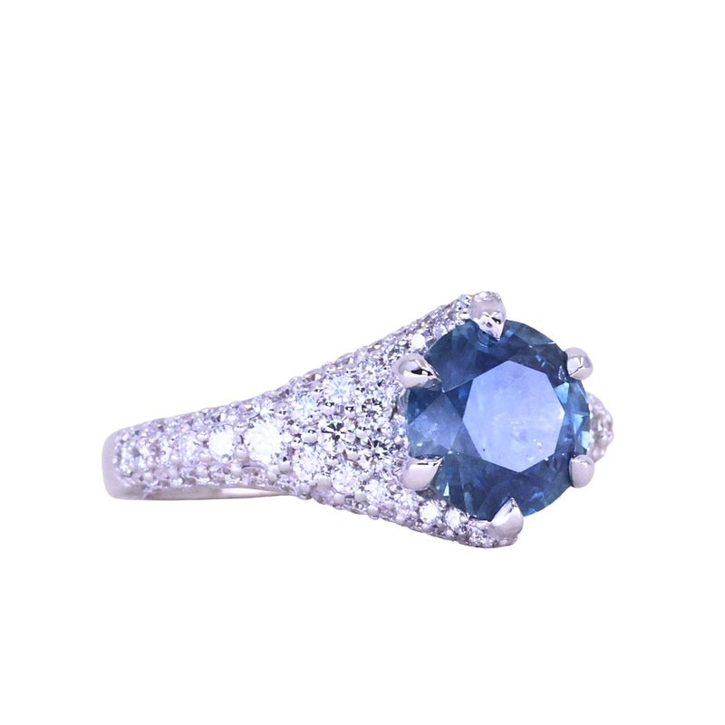 2.12ct Blue Montana Sapphire Diamond-Studded Tapered Solitaire in 14k White Gold