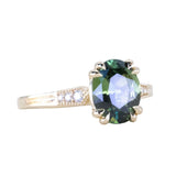 2.30ct Oval Green Madagascar Sapphire and Diamond Vintage Cathedral Four Prong Ring in 14k Yellow Gold