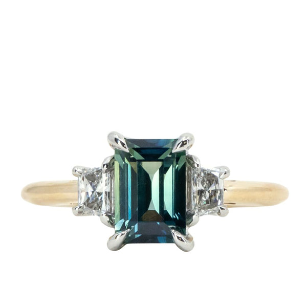 2.01ct Parti Teal Baguette Sapphire and Trapezoid Cut Diamond Low Profile Three Stone Ring in Platinum and 18k Yellow Gold