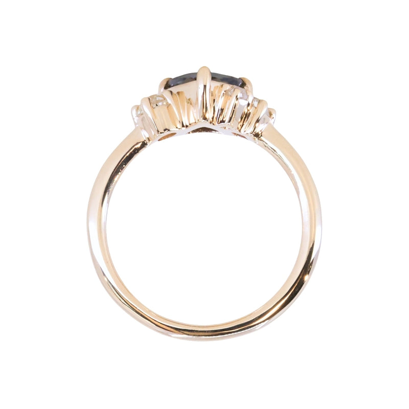 1.04ct Untreated Color Shifting Songean Trillion Sapphire and Antique Diamond Mountainscape Ring in 14k Yellow Gold