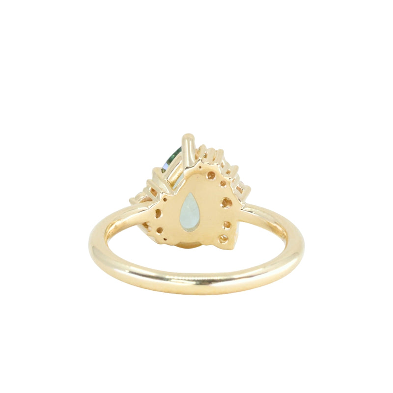2.35ct Teal Blue Grey Untreated Pear Montana Sapphire and Diamond Asymmetrical Cluster Ring in 18k Yellow Gold