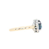 1.79ct Pear Deep Teal Green-Blue Sapphire and Diamond Asymmetrical Cluster Ring in Two Tone 14k Yellow and 14k White Gold