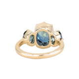 3.22ct Elongated Cushion Cut Montana Sapphire Three Stone Ring in 18k Yellow Gold