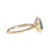 1.70ct Untreated Radiant Cut Vibrant Teal Green Sapphire Antique-Style Diamond Halo Ring in 14 Yellow Gold