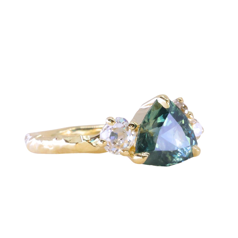 2.17ct Trillion Teal Blue Untreated Montana Sapphire and Antique Diamond Mountainscape Ring in 18k Yellow Gold