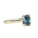 1.68ct Radiant Cut Teal Sapphire Cathedral Double Prong Solitaire in 18k Yellow Gold