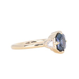 1.50ct Untreated Fantasy Cut Tanzanian Sapphire and Diamond Milgrain Three Stone Low Profile Ring in 14k Yellow Gold