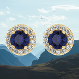 Diamond Halo and Sapphire Stud Earrings in 14k Gold