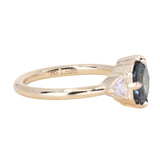 1.50ct Untreated Fantasy Cut Tanzanian Sapphire and Diamond Milgrain Three Stone Low Profile Ring in 14k Yellow Gold