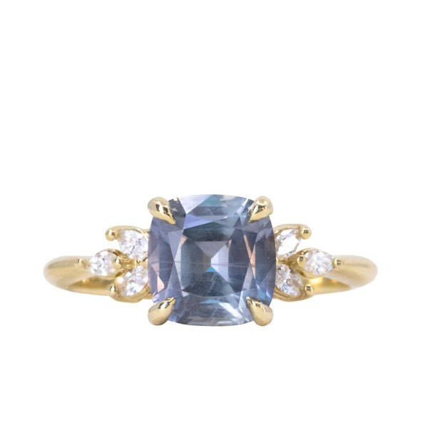 2.24ct Untreated Montana Sapphire Cushion Cut Marquise Diamond Cluster Ring in 18k Yellow Gold