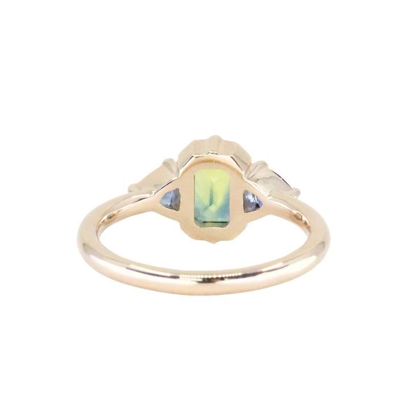 1.24ct Untreated Emerald Cut Parti Madagascar Sapphire and Trillion Sapphire Compass Set Low Profile Ring in 14k Yellow Gold