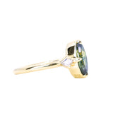1.85ct Parti Australian Fantasy Cut Sapphire and White Australian Kite Sapphire Antique Milgrain Three Stone Low Profile Ring in 18k Yellow Gold