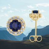 Diamond Halo and Sapphire Stud Earrings in 14k Gold