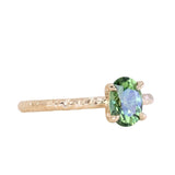 1.14ct Oval Blue Green Teal Madagascar Sapphire Evergreen Carved 4 Prong Solitaire in 14k Yellow Gold